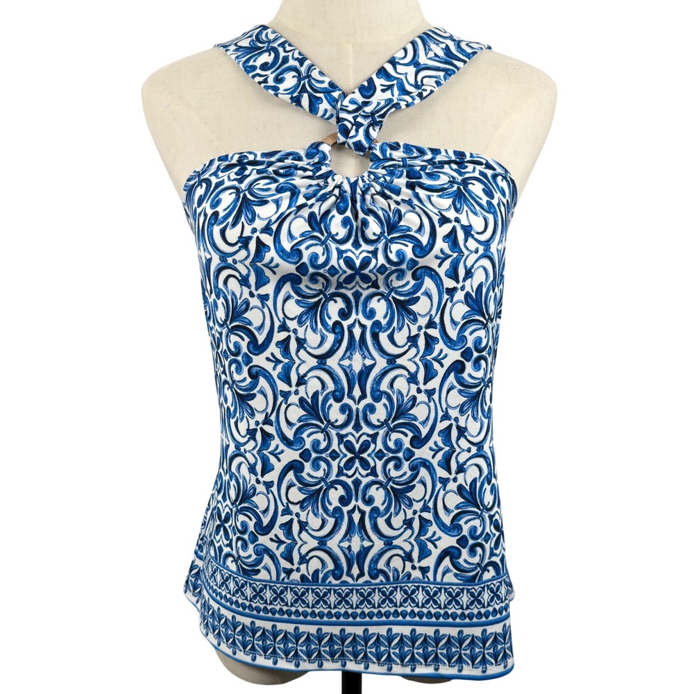 CeCe Santorini Vibe Halter Top XS Blue White Damask Tile Mediterranean Majolica